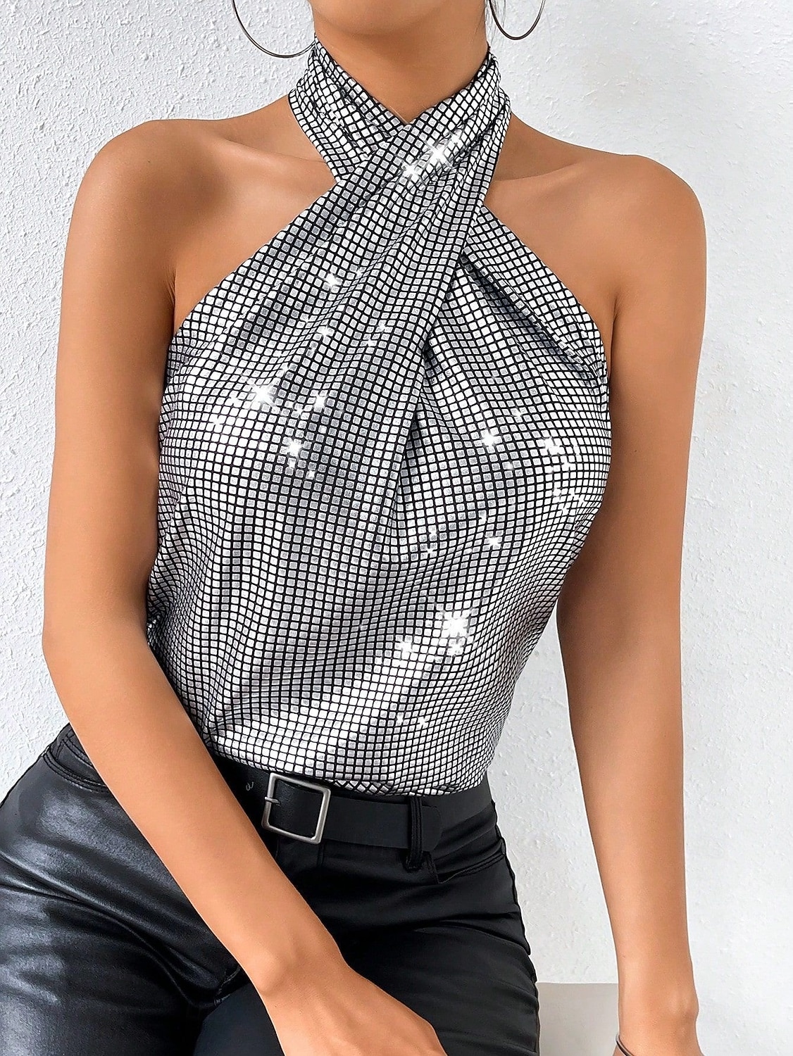 Femmes Débardeur caraco Paillettes Couleur Unie Élégant Occasionnel Sans manches Col Halter Hauts Réguliers Quotidien Fête Argent Été Printemps de 2026 ? $21.99 –P4