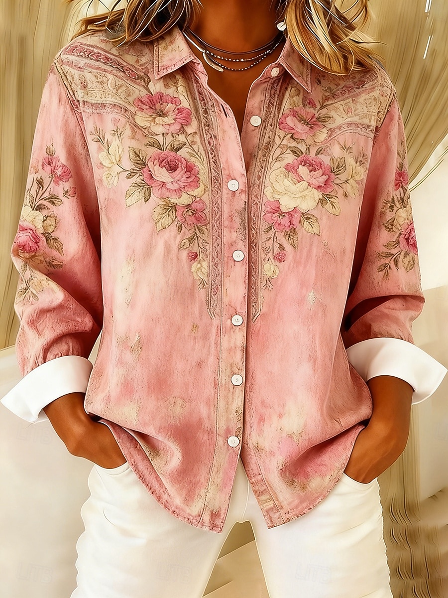 Per donna Camicia Bottoni Stampato Floreale Grafico Bohemien Elegante Casual Manica Lunga Colletto a Camicia Top Regolari Quotidiano Rosa Primavera Autunno del 2026 a $34.99 –P1