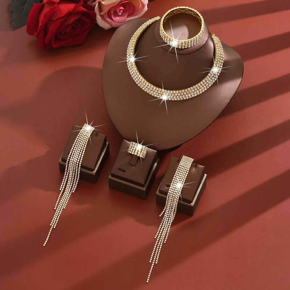 Женский комплект украшений из золота со стразами: сверкающее колье, серьги, браслет &набор колец для коктейльных вечеринок, свадеб и официальных мероприятий 2026 - $19.99 –P2