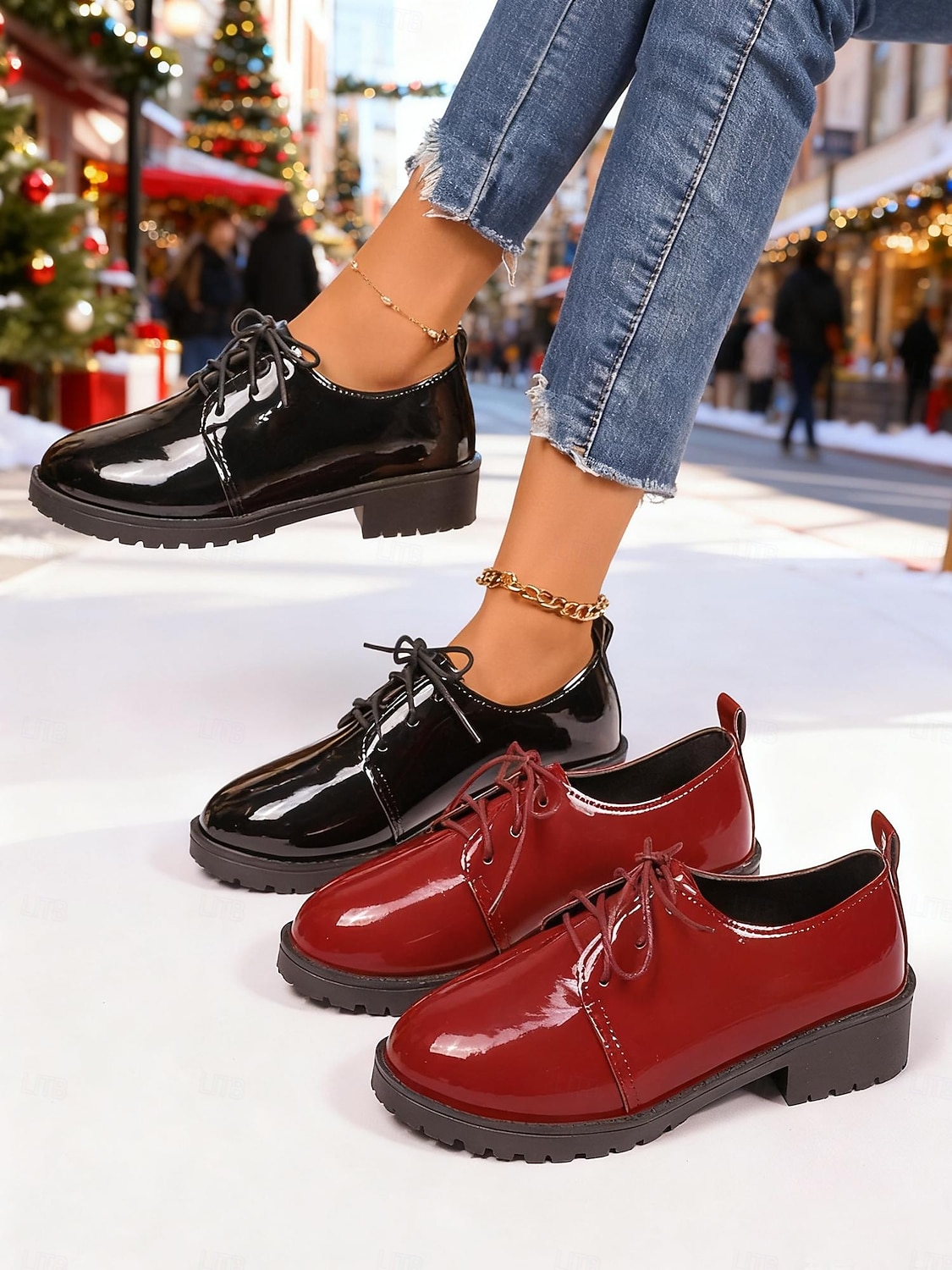 scarpe stringate stringate in similpelle verniciata bordeaux da donna: stile natalizio festoso, perfette per le riunioni di festa, le gite invernali e gli eventi stagionali del 2026 a $19.99 –P1