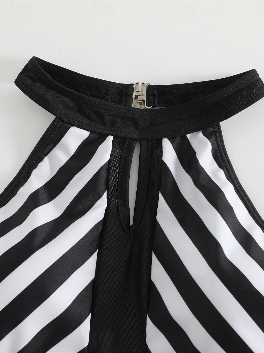 Damen Einteiler Badeanzug sexy Cutout Farbenblock Monokini Bauchkontrolle Hoher Bund Schlank Rückenkonzipiert Urlaub Strandbekleidung Gestreifter Halterhals Ärmellose Badeanzüge 2026 - $22.99 –P7