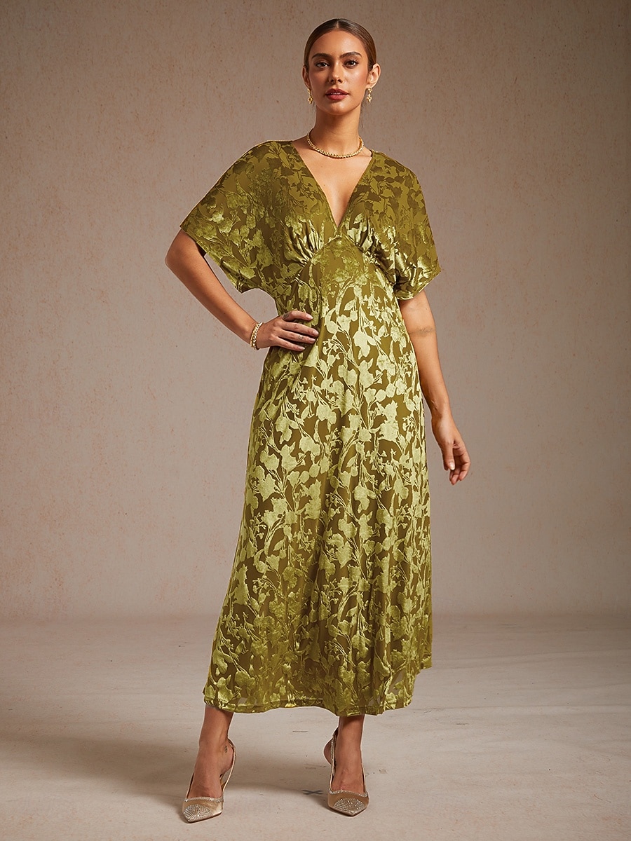 dames maxi-jurk a-lijn jurk fluweel elegant feest bruiloft gast bloemen blad halve mouw v-hals smaragdgroen lente herfst winter 2025 - $121.99 –P11