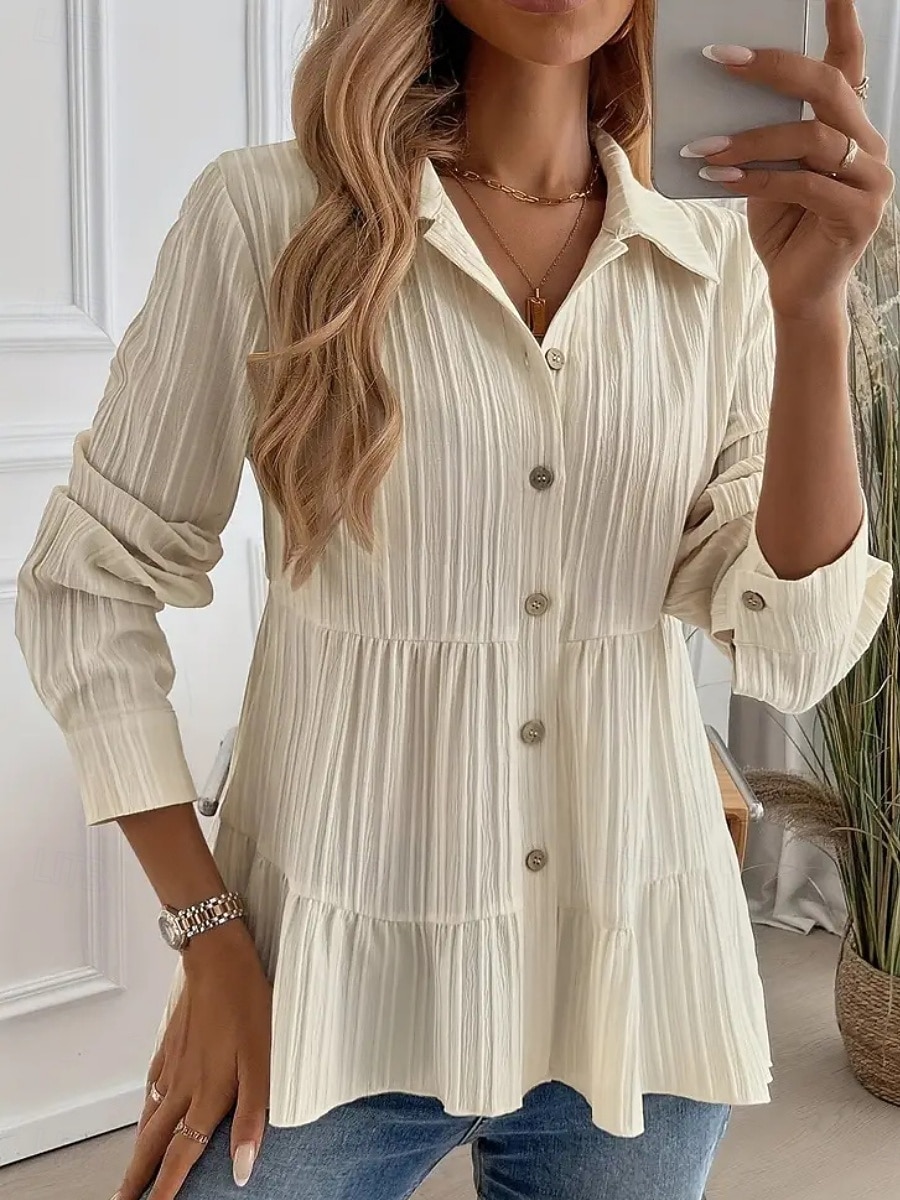 Damen Bluse Gerafft Knöpfe Einfarbig Stilvoll Lässig Langarm Hemdkragen Normale Oberteile Täglich Salbeigrün Schwarz Rote Marineblau Aprikose Frühling Herbst Winter 2026 - $26.99 –P1