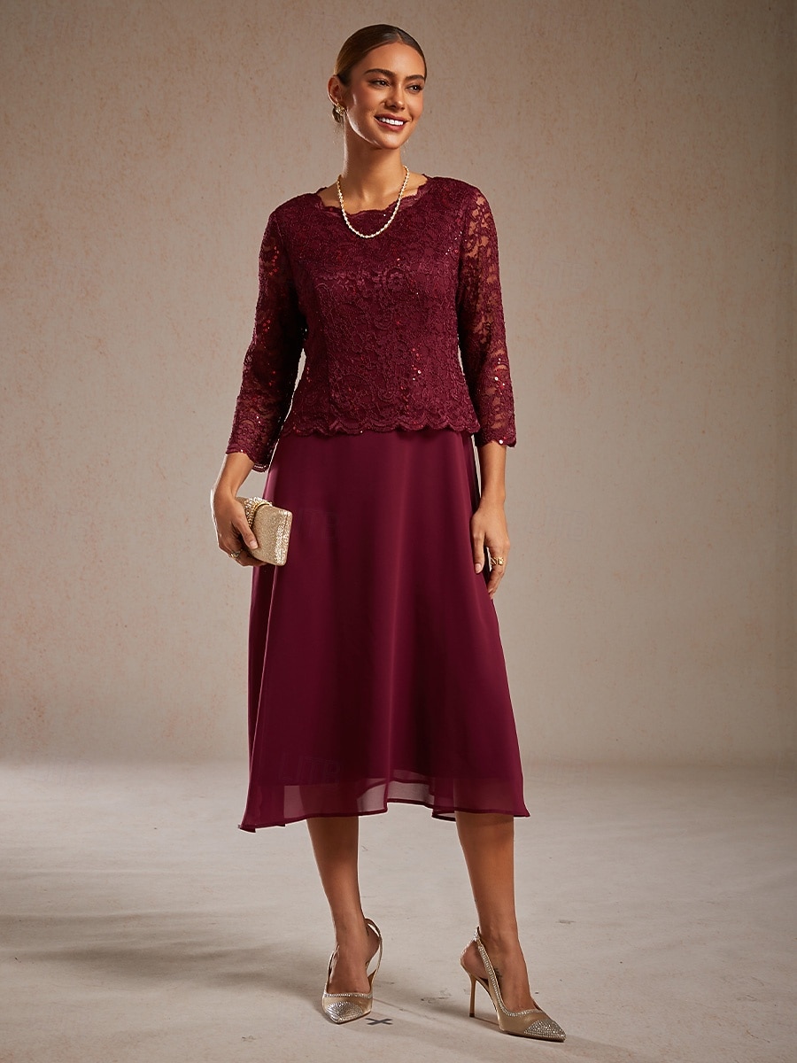 Dame Midikjole Kjole med A-linje Elegant Aftenselskap Bryllupsgjest Blonde Normal Helfarge 3/4 ermer Crew-hals Vin 2026 - $20.49 –P7