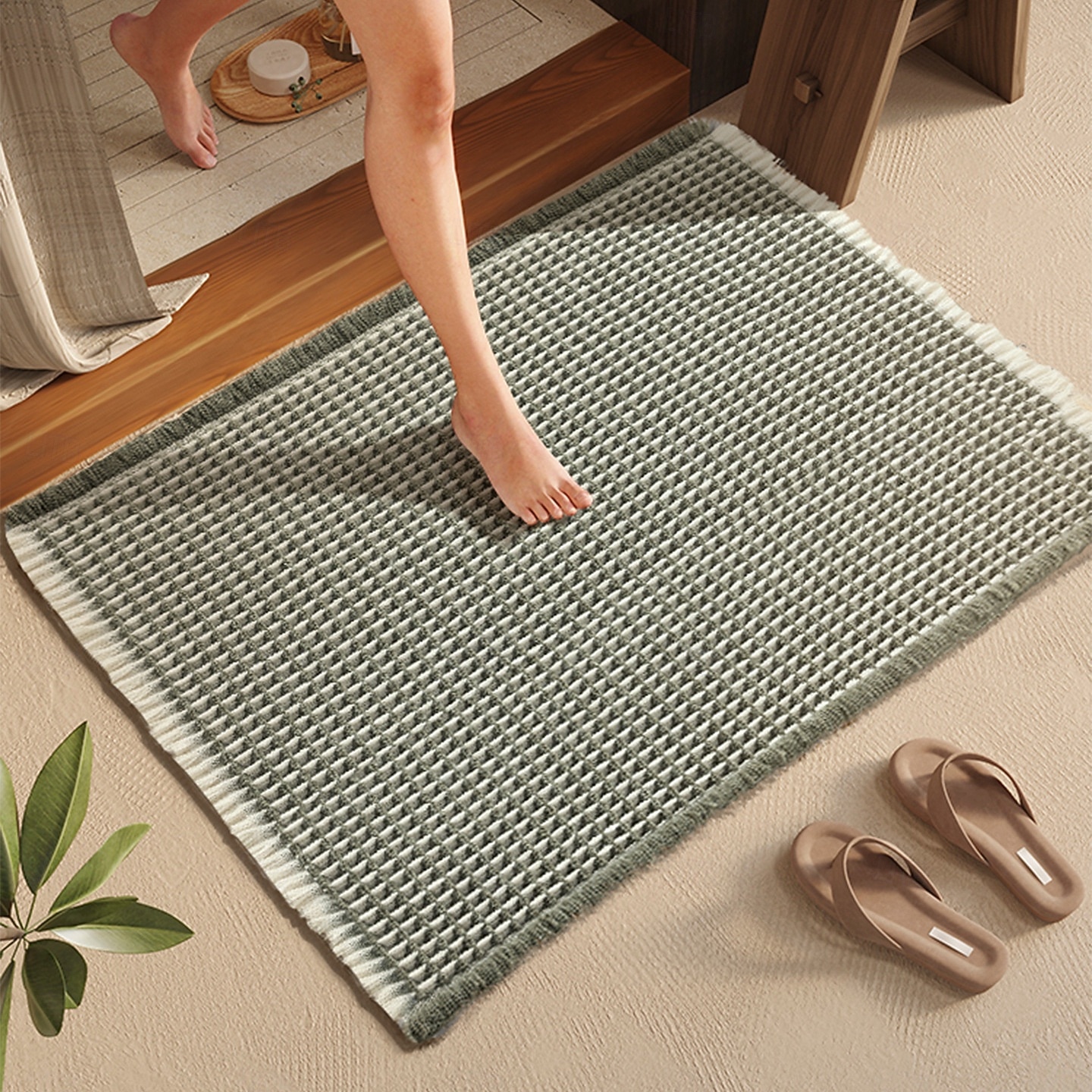 Vaflová koupelnová předložka, boho koupelnové koberečky, protiskluzové, pratelné, super savé a rychleschnoucí, malé koupelnové předložky, farmářská koupelnová dekorace, 18'' x 30'', khaki a bílá 2026 - $10.49 –P11