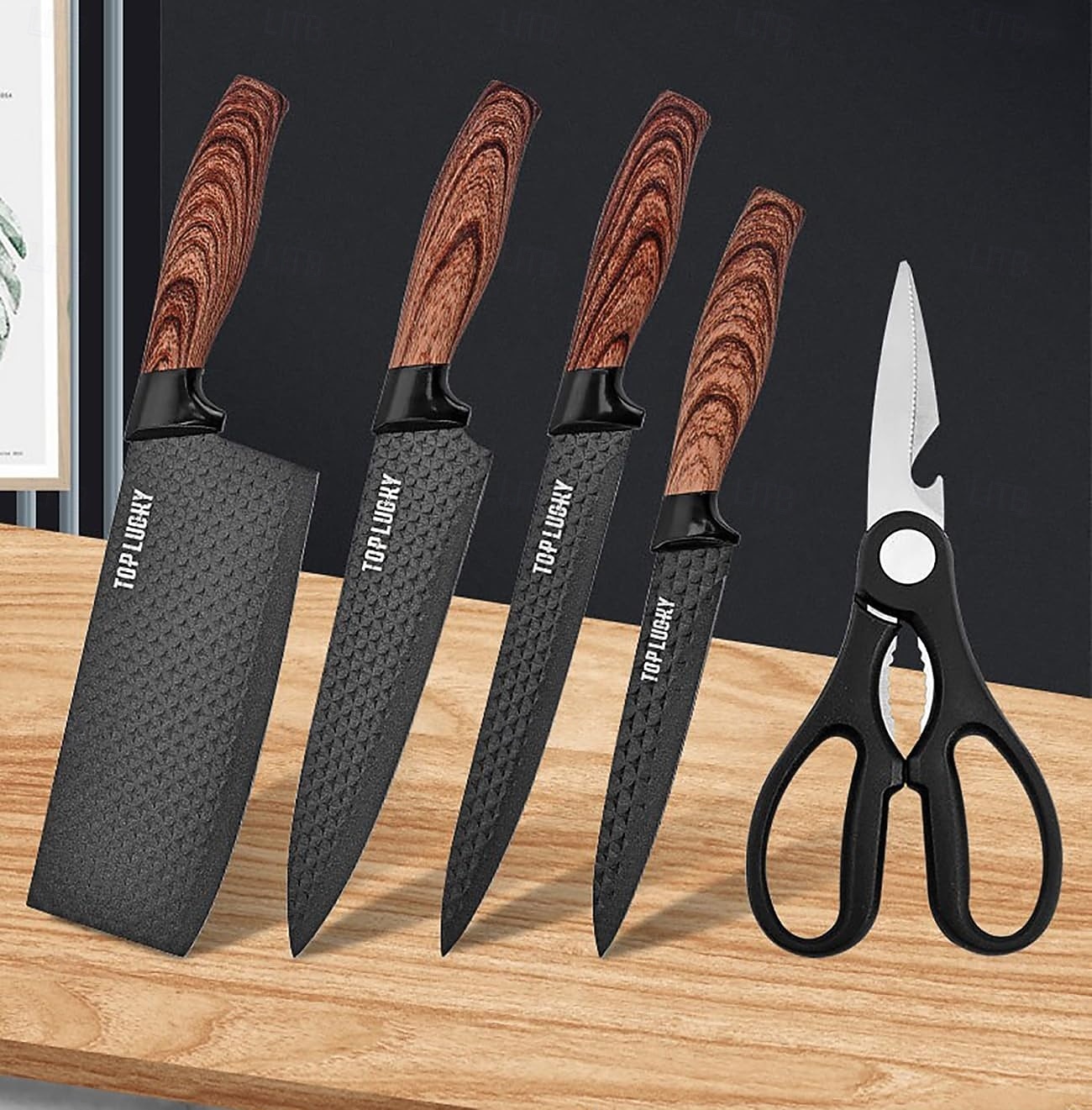 sada kuchyňských nožů, 6dílná luxusní sada nožů s dřevěným potahem, rukojeť s lehkou dřevěnou kresbou, nepřilnavý šéfkuchařský nůž z nerezové oceli s blokem na nože 2026 - $74.99 –P5