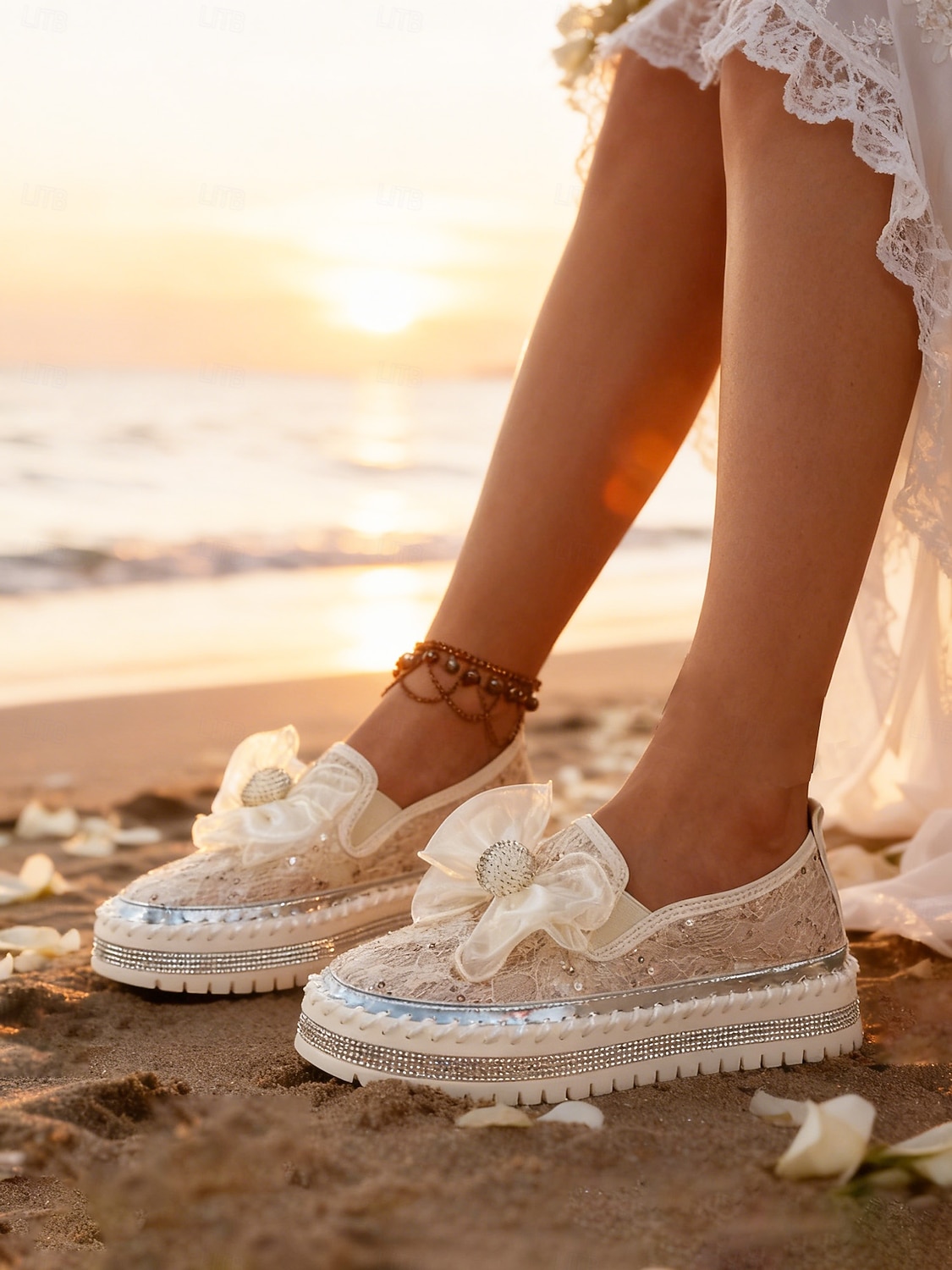 damskie koronkowe wsuwane trampki ślubne - codzienne buty ślubne na plażę z ozdobą w postaci kokardy &wygodna podeszwa na platformie, idealna na ceremonie nad morzem 2026 - $42.99 –P5