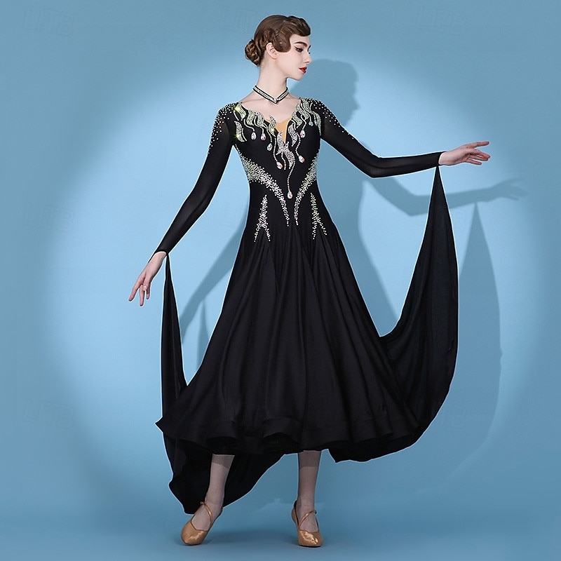 Dança de Salão Vestido Pregas Recortes Cristal / Strass Mulheres Espetáculo Treino Manga Longa Alto Elastano Fibra de Leite de 2026 por $895.79 –P3