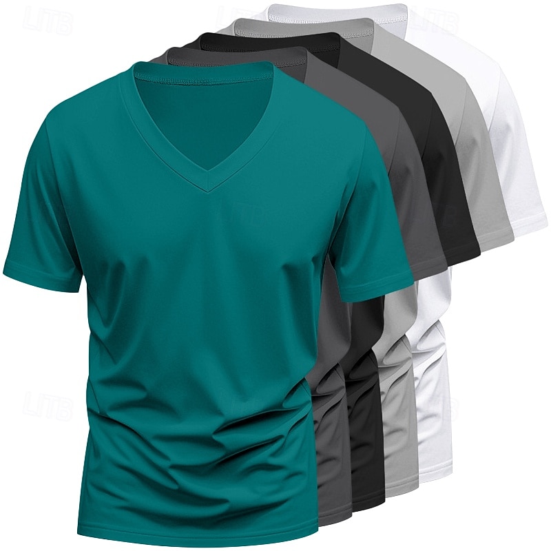 5-częściowy męski T-shirt z krótkim rękawem, dekolt w serek, letni, na każdą porę roku, jednolity kolor, prosty, codzienny, 5-częściowy zestaw, wakacyjny, casualowy, biały, top, męski 2026 - $59.99 –P9