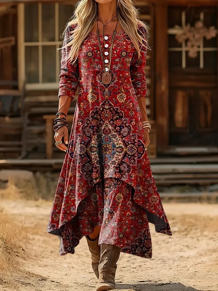 Naisten Midimekko Väljä mekko Vapaa-aika Päivittäin Pyhäpäivä Normaali Kuvitettu Geometrinen Pitkähihainen Tiukka pyöreä kaula-aukko Sininen Rubiini Apila Syksy Talvi 2025 - $39.99 –P3