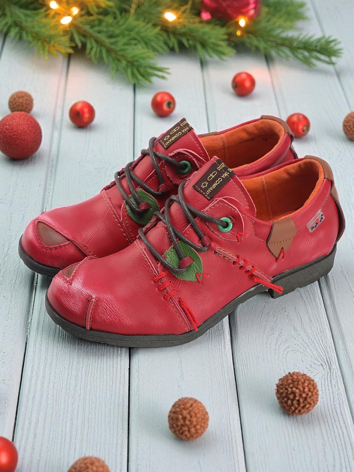 Grüne Oxford-Schnürschuhe aus Leder für Damen mit roten Nähten, handgefertigte Retro-Freizeitschuhe für Damen, perfekt für Weihnachtsoutfits und den Alltag im Herbst 2026 - $69.99 –P3
