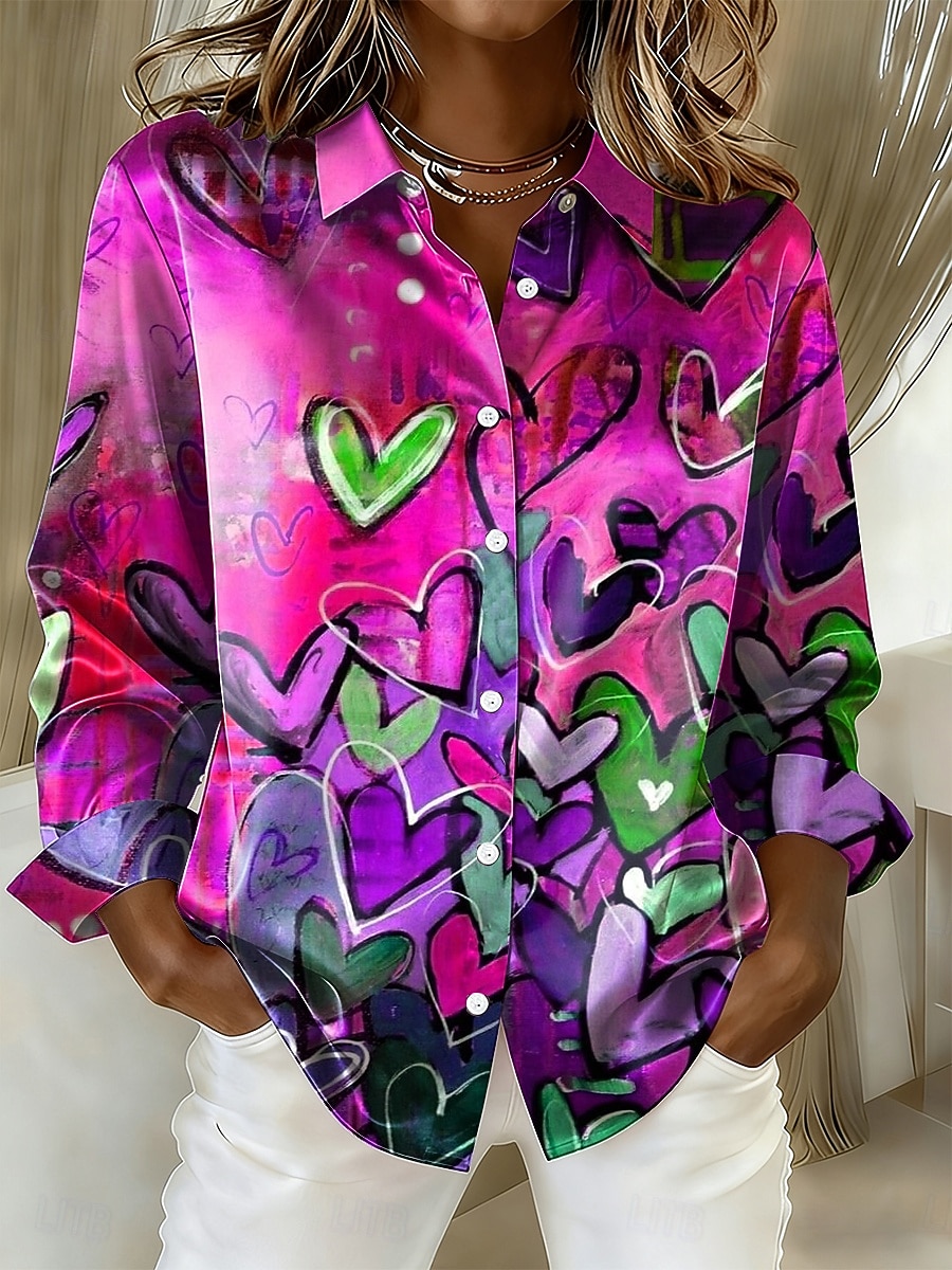 Women's Shirt Heart Graphic Vintage Stylish Modern Long Sleeve Shirt Collar Regular Tops Daily Holiday Blue Yellow Purple Green Spring Winter 2026 - $28.99 –P3