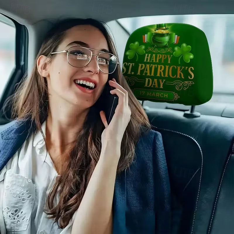 2 capas de encosto de cabeça para carro com trevo verde | compatíveis com todos os veículos, pretas &Adesivo para carro com estampa de trevo verde, design plano 2D, poliéster, fácil instalação - de 2026 por $7.99 –P16