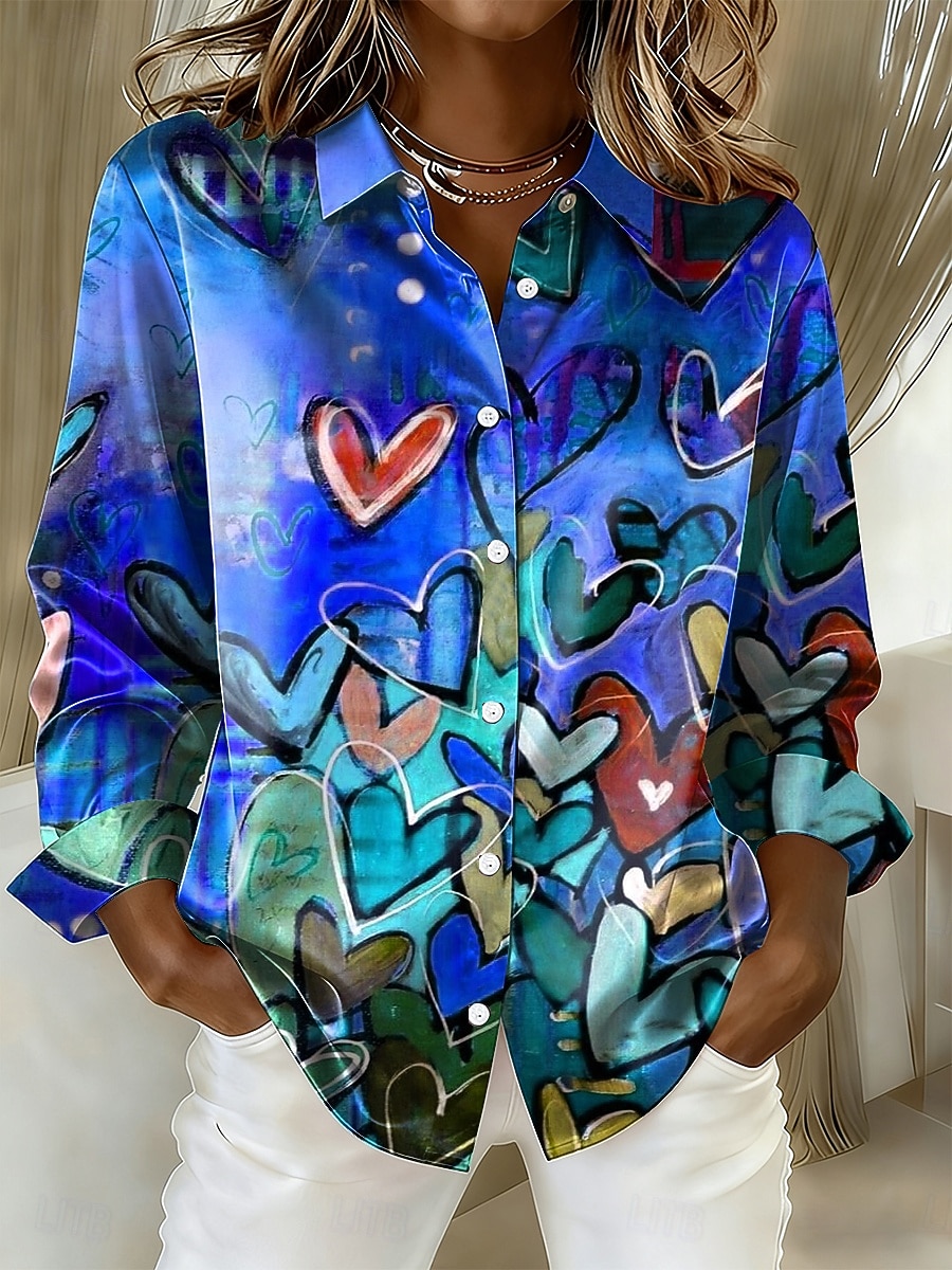 Women's Shirt Heart Graphic Vintage Stylish Modern Long Sleeve Shirt Collar Regular Tops Daily Holiday Blue Yellow Purple Green Spring Winter 2026 - $28.99 –P4