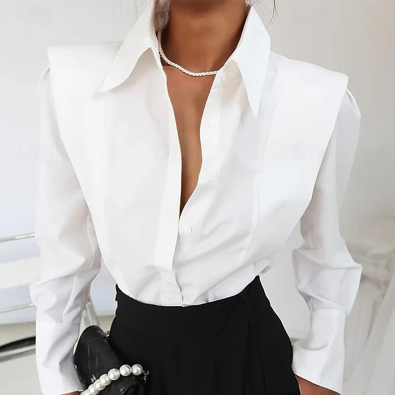 camicetta a maniche lunghe da donna elegante colletto abbottonato elegante top da lavoro quotidiano estate primavera autunno disponibile in blu nero bianco del 2026 a $25.99 –P1