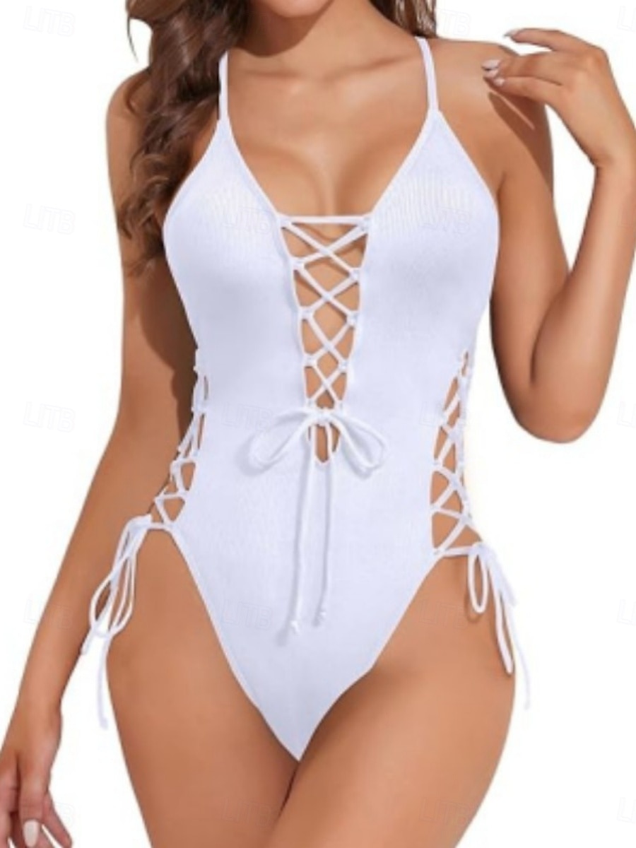 Dames Eendelig Zwempak Sexy Uitsnijding Monokini Buikcontrole Hoge Taille Slank Rugloos Vakantie Strandkleding Effen Kleur V-hals Mouwloos Badpakken 2026 - $32.99 –P6