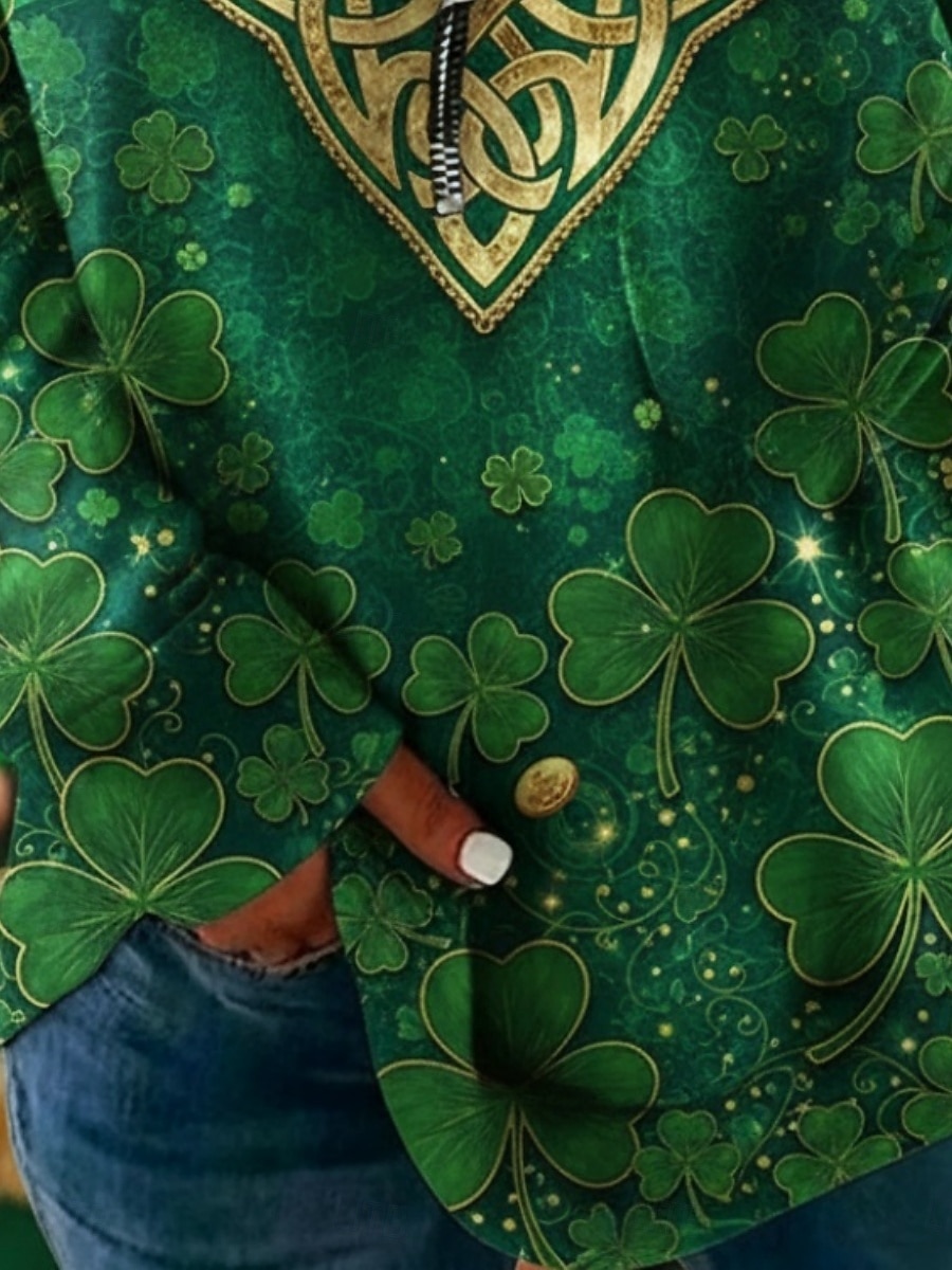St. Patrick's Day Women's Pullover Sweatshirt Shamrock Casual Long Sleeve V Neck Regular Tops Street Dailywear Zipper Pocket Print Green Spring Fall 2026 - $25.99 –P5