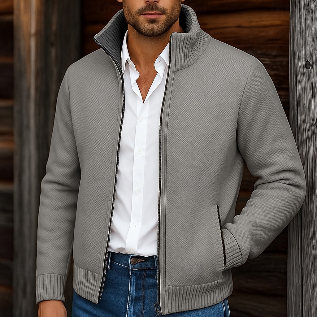 Муж. Вязаная ткань Кардиган Свитер на молнии Свитер Куртка флисовый свитер Рельефный узор Вязать Обычные топы Классический Флис Сплошной цвет Вырез под горло 2026 - ₩43524 –P7