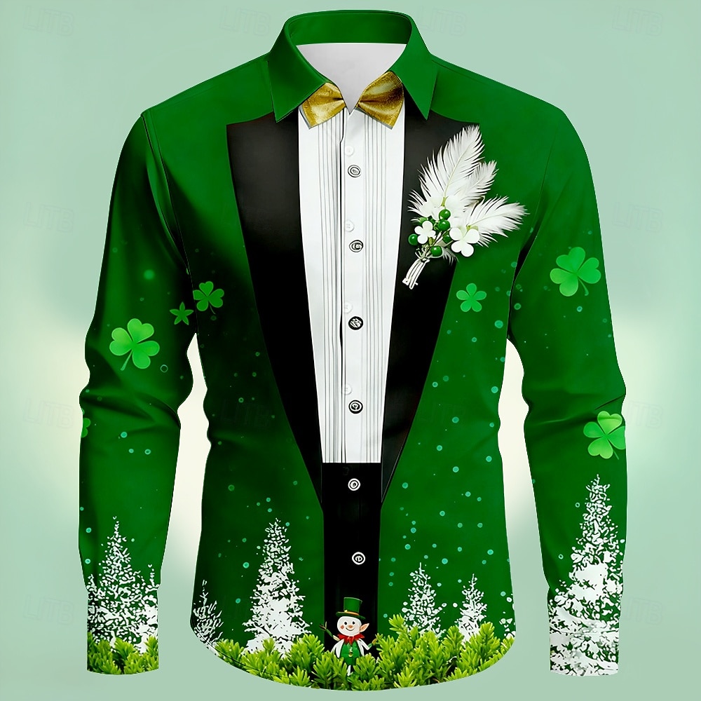 St. Patrick's Day Men's Four Leaf Clover Faux Collar and Suit Design Shirt Button Up Shirt St. Patrick's Day Men's Four Leaf Clover Faux Collar and Suit Design Shirt Button Up Shirt