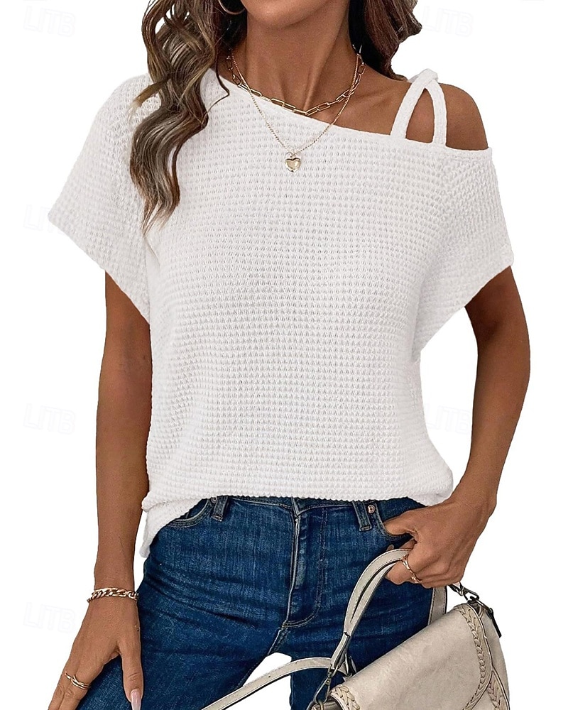 Mujer Camiseta Color sólido Vintage Elegante Manga Corta Cuello asimétrico Tops regulares Diario Noche Fin de semana Negro Blanco Rosa Caqui Verano Primavera 2026 - $25.99 –P7