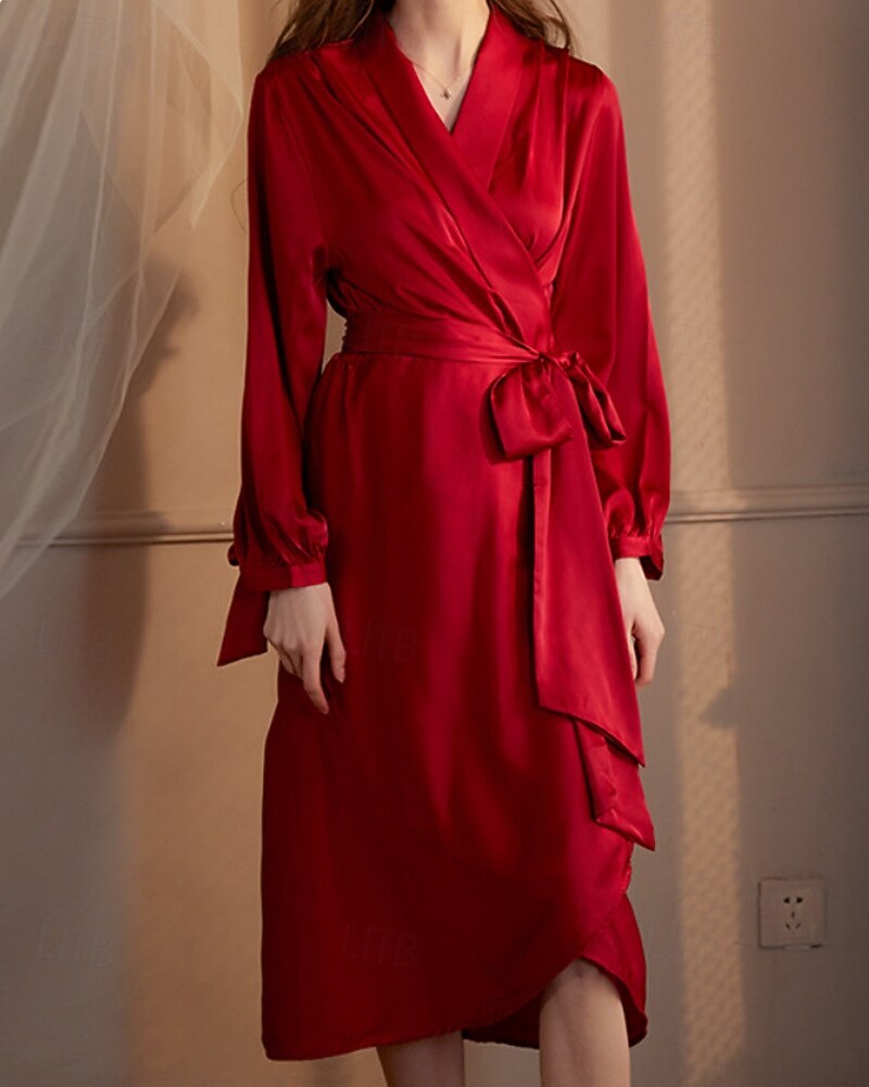 Dámské Župan Na běžné nošení Měkké Satén Čistá barva Nabírané šaty Šněrování Denní Domů Postel Dlouhý rukáv Do V Černá Bílá Šampaňská Světlá růžová Fialová Léto Jaro Běžný 2026 - $54.99 –P1