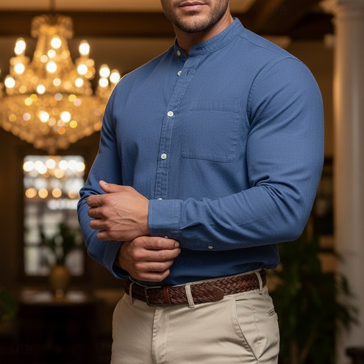 Hombre Camisa Camisa casual Camisa con cuello mao Rosa Azul Marino Gris Manga Larga Plano Collar mandarín Casual Exterior Bolsillo Ropa Poliéster Neutral Moda Diario Casual 2026 - $24.99 –P6
