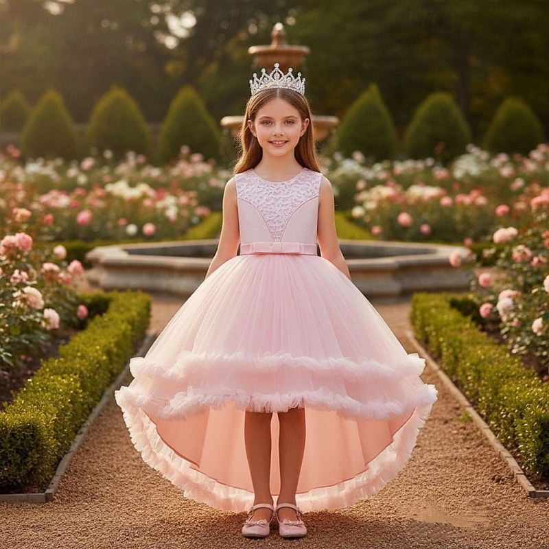 Bloemenmeisjesjurk, communiejurk, formele jurk voor meisjes, trouwkleding, feestkleding, formele mode voor bruiloften, schattige patchwork, mesh, effen kleur, mouwloos, ronde hals, geel, roze, 4 jaar 2026 - $51.99 –P16