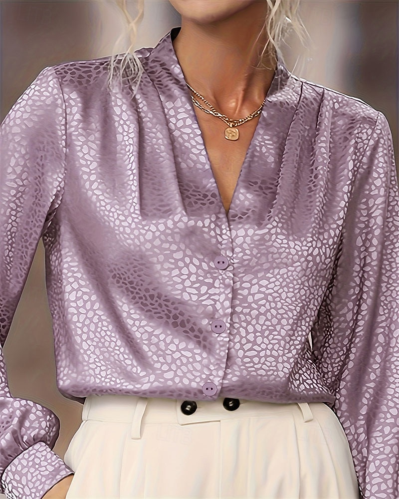 Women's Shirt Elegant Satin Top Summer Tops Ruched Patchwork Print Leopard Plain Elegant Vintage Ladies Long Sleeve V Neck Regular Tops Daily Work Holiday Light Purple Summer Spring 2026 - $26.99 –P1