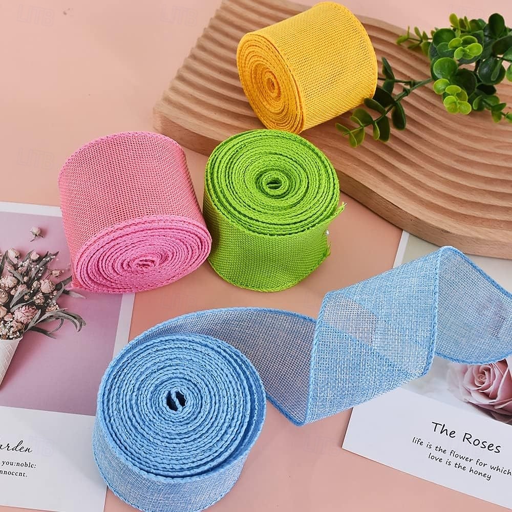 4 rollos de cinta de Pascua con alambre, arpillera rústica, cinta de alambre colorida para corona de Navidad, Halloween, otoño, lazo, artesanía, envoltura de regalos, fiesta, decoración bohemia 2026 - $9.99 –P7