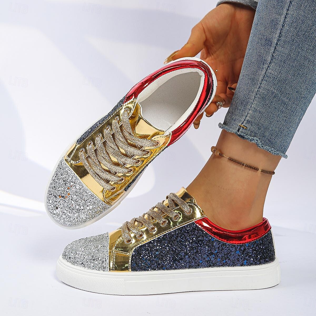 Pentru femei Casual Toc Drept Vârf rotund Casual Imitație Piele Dantelat Argintiu Roșu+albastru 2026 - $34.99 –P1