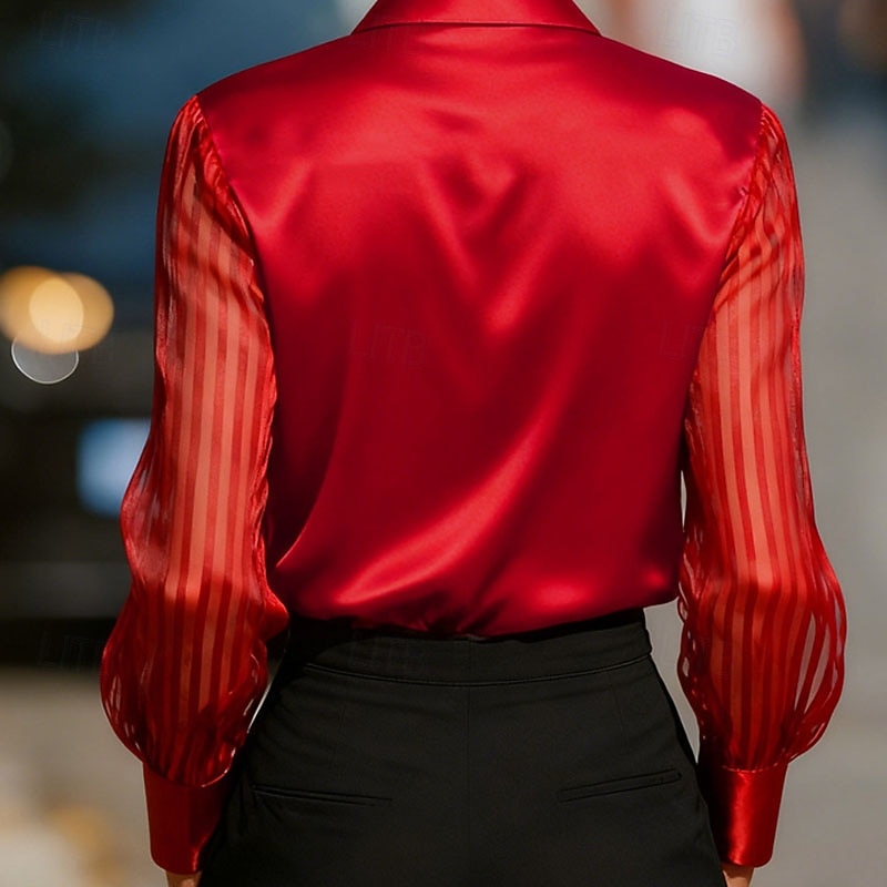 Damskie Koszula Elegancki Top satynowy Bluzka Z marszczeniami Oczko Guziki Równina Elegancja Zabytkowe damska Długi rękaw Kołnierzyk koszuli Zwykłe topy Codzienny Praca Święto Czarny Biały Czerwony 2026 - $26.99 –P5