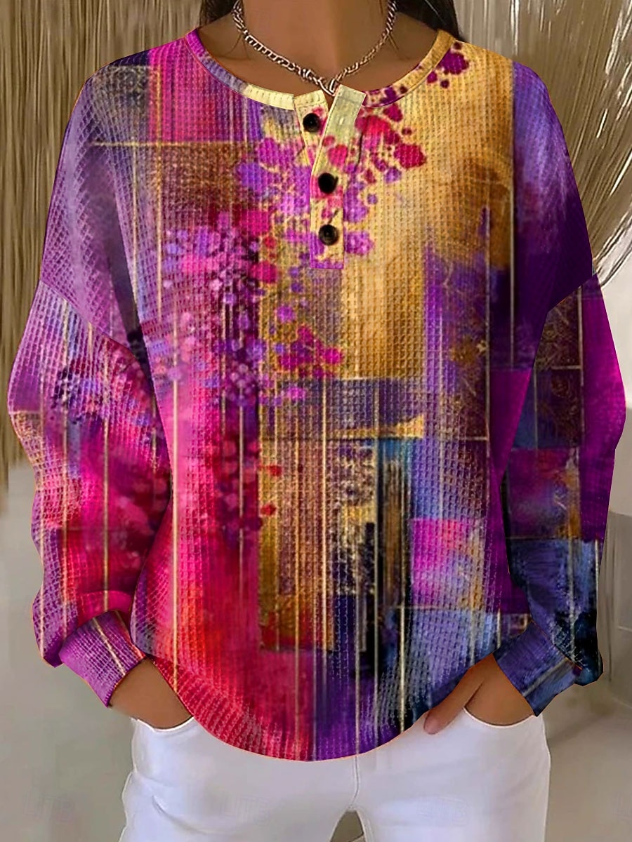 Women's Pullover Sweatshirt Buttons Print Floral Graphic Vintage Casual Long Sleeve Crew Neck Regular Tops Casual Street Dailywear Blue Yellow Pink Purple Spring Fall Winter 2026 - $28.99 –P3