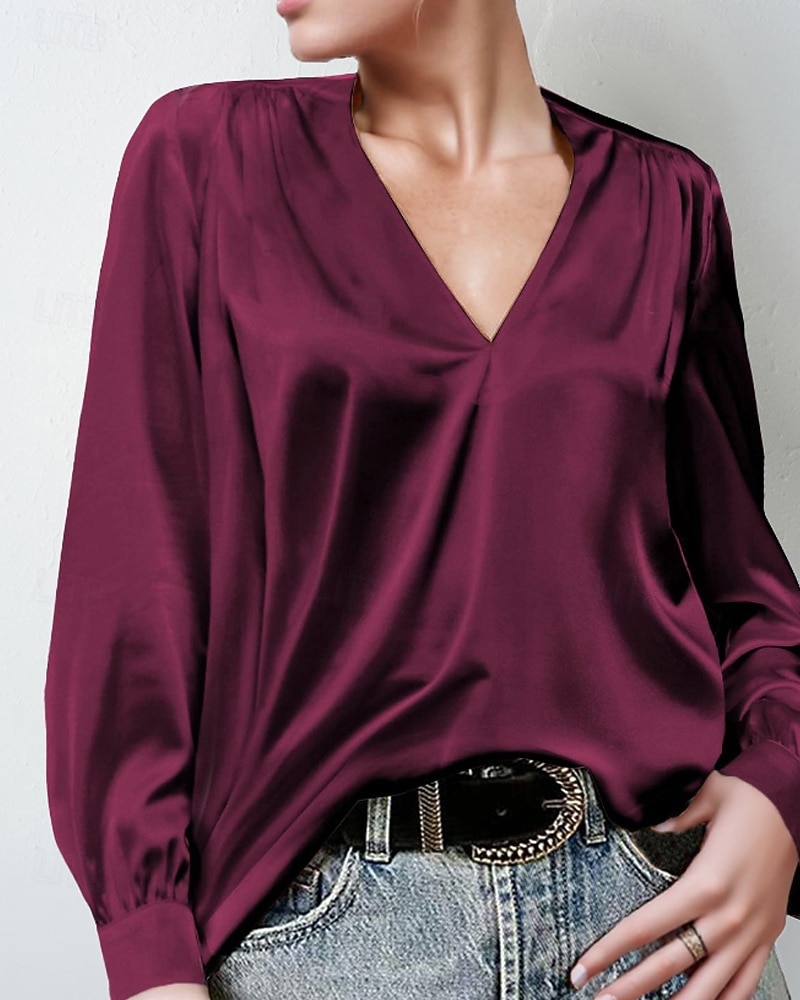Women's Shirt Elegant Satin Top Blouse Ruched Plain Vintage Stylish Long Sleeve V Neck Regular Tops Holiday Going out Black White Wine Apricot Summer Spring 2026 - E£1572.44 –P1