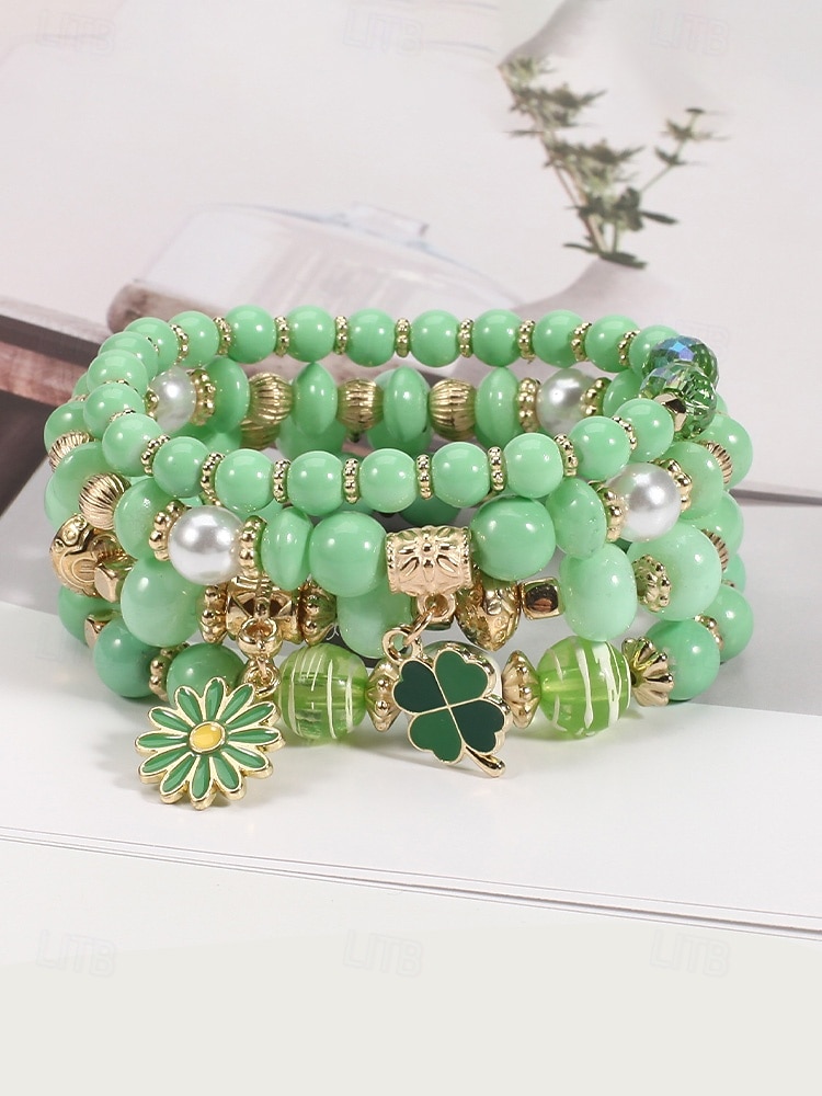 Conjunto de pulseiras femininas para o Dia de São Patrício, pulseiras empilháveis de várias voltas com contas verdes, estilo trevo da sorte, materiais de liga metálica e cristais sintéticos, joias festivas irlandesas para mulheres. de 2026 por $9.99 –P11
