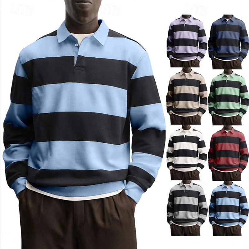Men's Polo Shirts Golf Shirt Casual Street Lapel Long Sleeve Basic Modern Horizontal Stripes Buttons Spring Fall Regular Fit Blue Grey White Red Navy Blue Purple Polo Shirts 2026 - $24.99 –P1