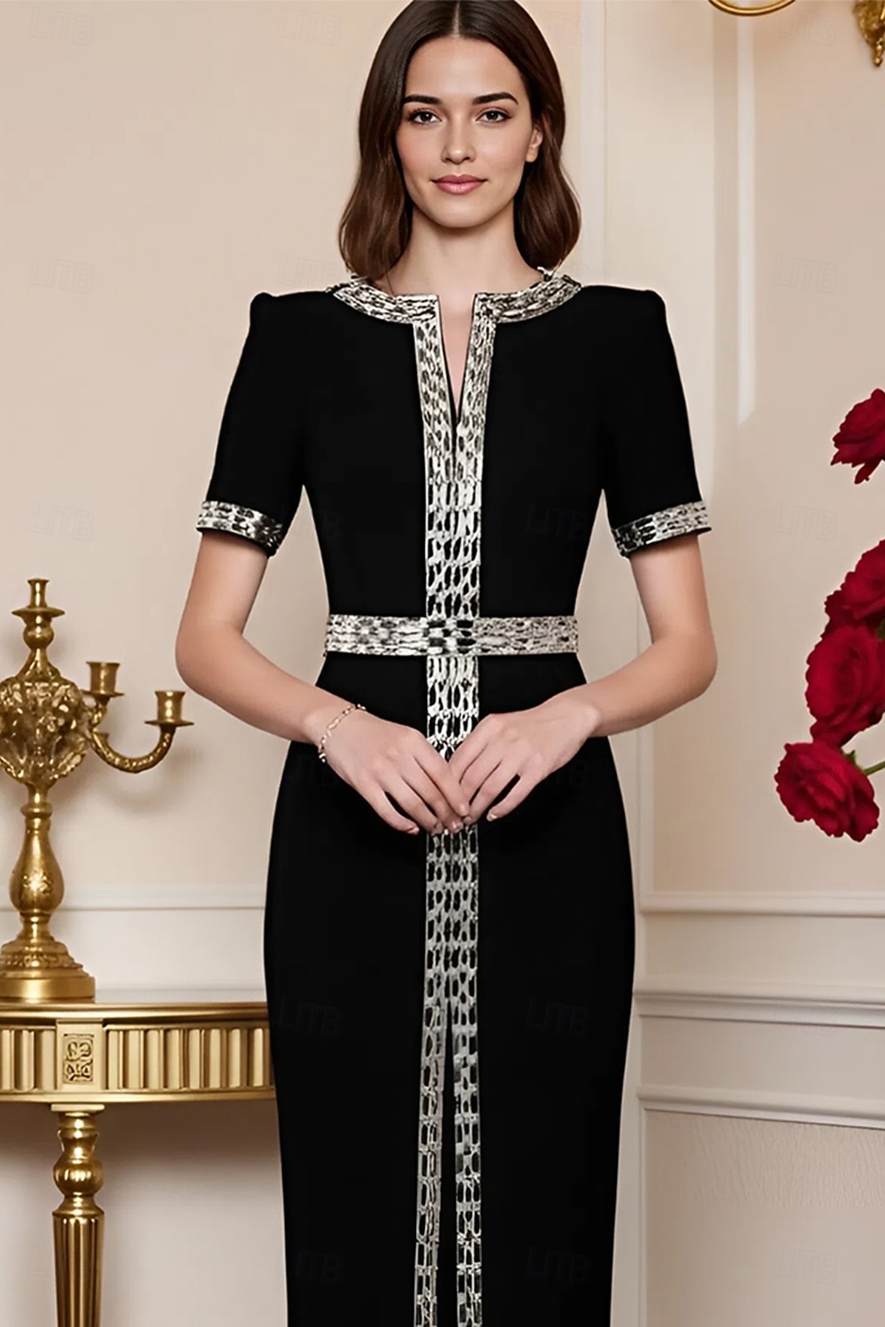 Coloană Teacă Lungime Podea Rochie formala Rochie de seara Rochii de seara Elegant Epocă Rochie Neagră Mică Manșon scurt Stil Nautic Nuntă Oficial Polyester cu Detalii Cristal Mărgele 2026 - $195.99 –P3