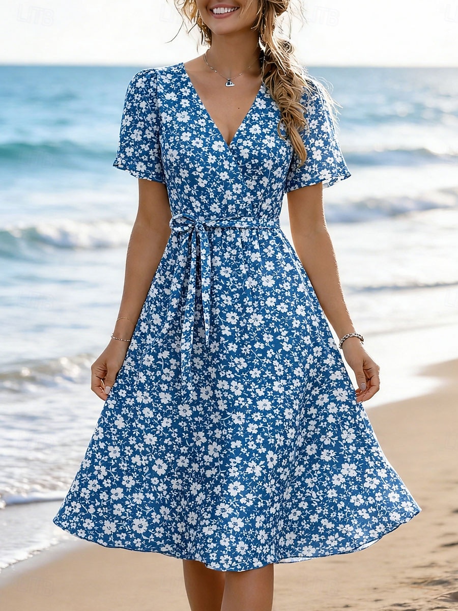 Women's Midi Dress Casual Dress A Line Dress Elegant Vacation Cute Holiday Date Regular Fit Floral Graphic Short Sleeve V Neck Blue Yellow Pink Purple Summer Spring Fall Winter 2026 - $29.99 –P1