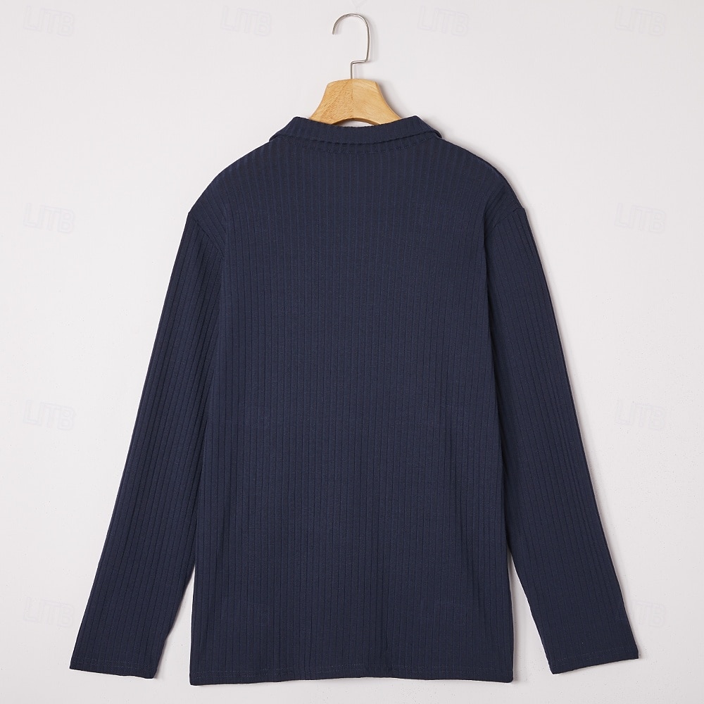 Men's Rib Knit Top Textured Street Casual Lapel Long Sleeve Basic Modern Plain Buttons Spring Fall All Seasons Slim Fit Blue White Navy Blue Gray Rib Knit Top 2025 - $25.99 –P11
