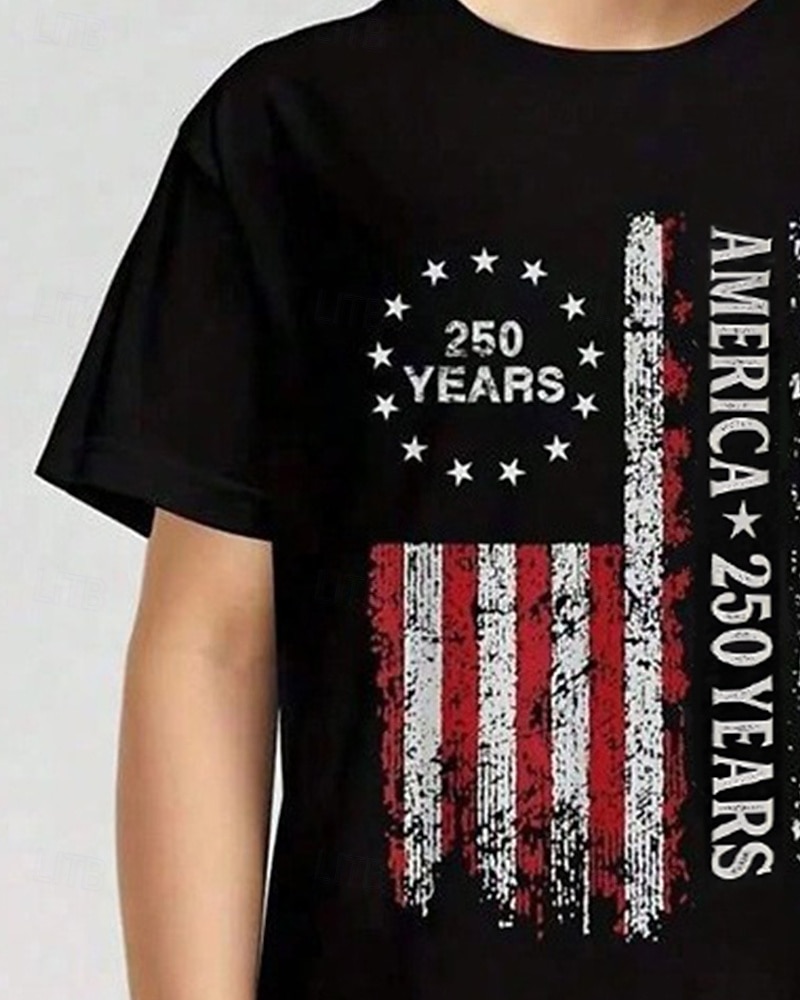 100% Baumwolle Kinder Jungen Schwarz Weiß Grafik USA Flagge 250-jähriges Jubiläum T-Shirt Bluse Rundhalsausschnitt Kurzarm Outdoor Alltagskleidung Mode Streetwear Designer Drucken Sommer 2026 - $20.99 –P2