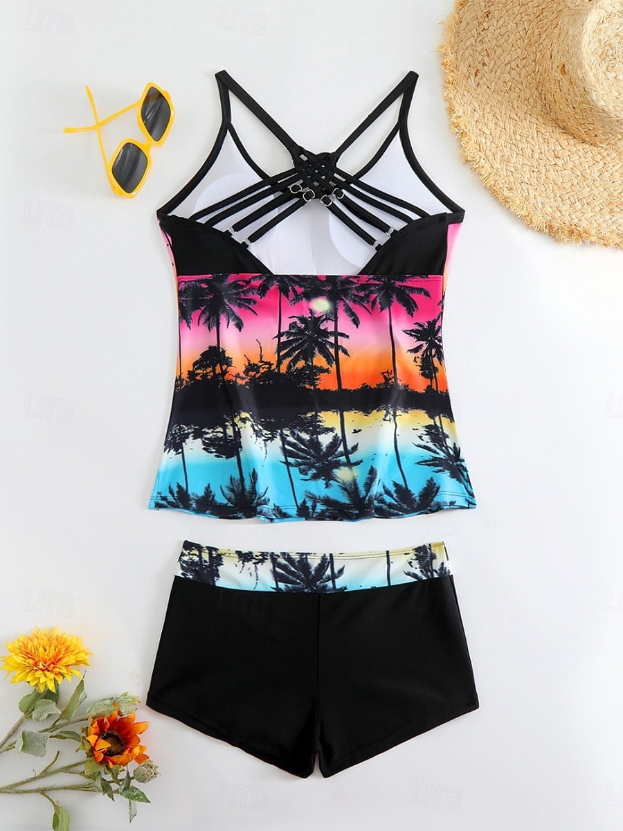 Women's Tankini 2 Piece Swimsuit Palm Boy Leg Tummy Control High Waist Slim Backless Vacation Beach Wear Floral Sunflower V Neck Sleeveless Bathing Suits 2026 - $25.99 –P3