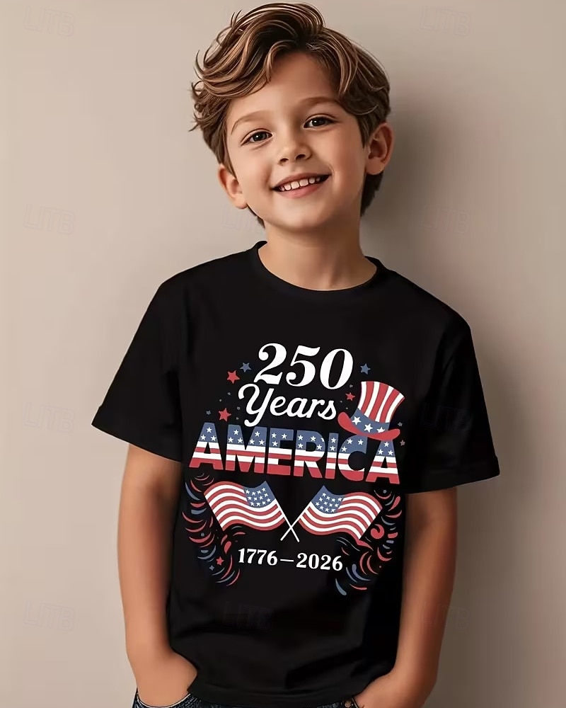 100% Bumbac Copii Băieți Negru Grafic Drapel USA A 250-a aniversare Tricou Bluză Stil Nautic Manșon scurt În aer liber Zilnice Modă Șic Stradă Designer Imprimare Toate Sezoanele 2026 - $17.49 –P1