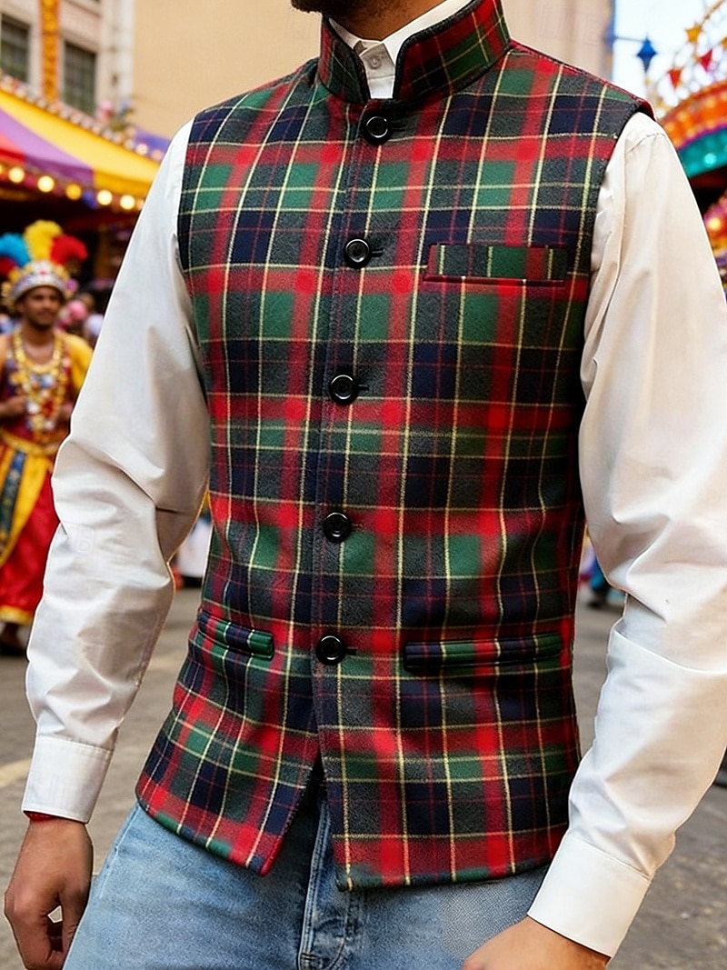 Per uomo Gilet Casuale All'aperto Carnevale Feste Moda Streetwear Primavera Autunno Bottoni Poliestere Traspirabilità Plaid Monopetto Collo alla coreana Vestibilità regolare Verde Gilet del 2026 a $29.99 –P1