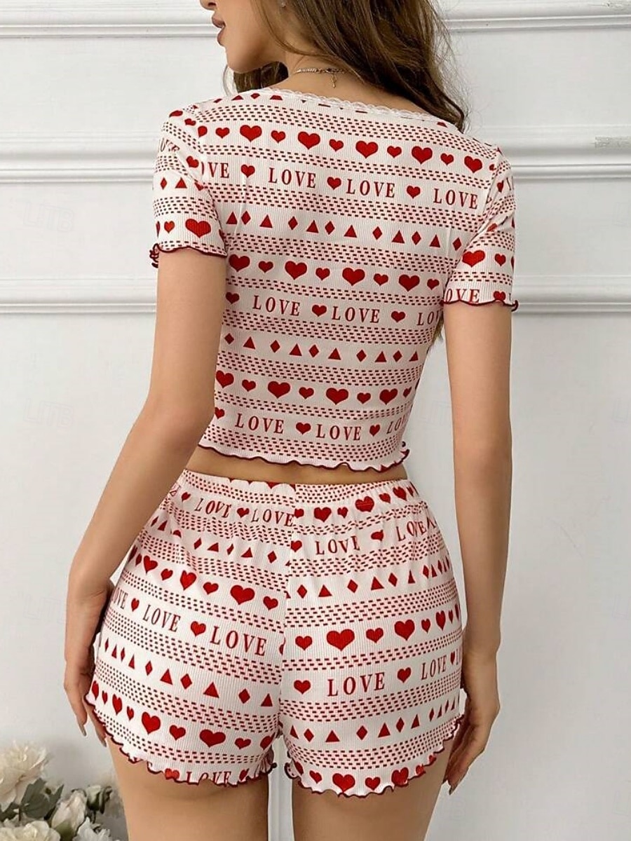 Per donna Set Pigiama Casual Comfort Cuore Elastico in vita Shorts Quotidiano Casa Manica Corta Scollo a V Nero Rosso Estate Primavera Vestibilità aderente del 2026 a $21.99 –P7