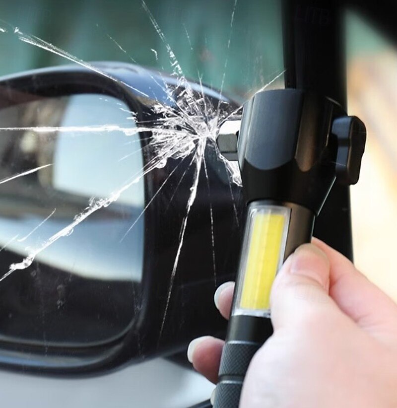 bilfönsterkrossare säkerhetsbältesklippare med LED-ficklampa, uppladdningsbar nödhammare, glaskrossverktyg, blixtljus med SOS-ljus 2026 - $23.99 –P1