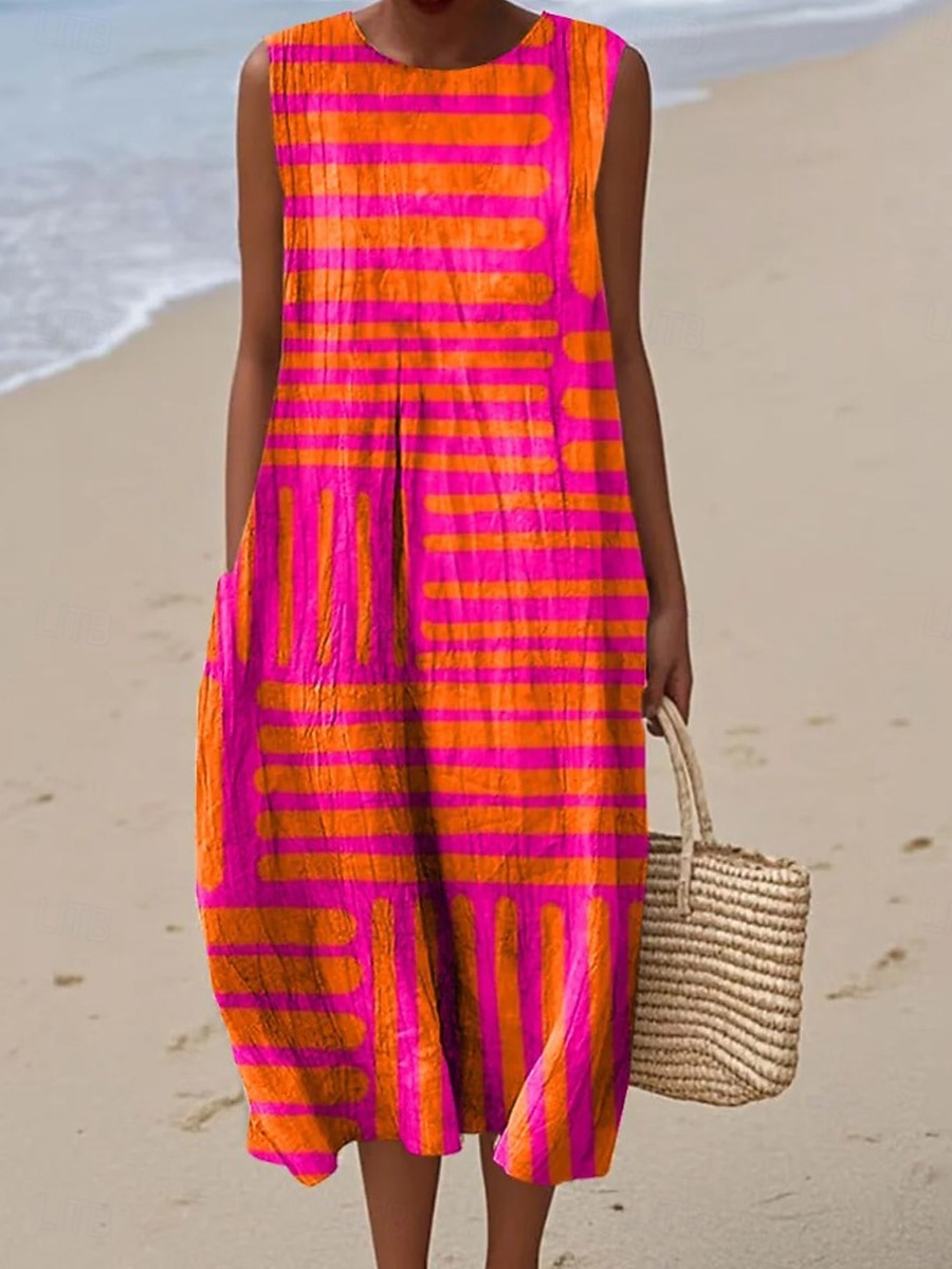 Midi sukienka lniana sukienka wakacyjna sukienka typu shift w kształcie litery A wakacyjna casualowa boho na plażę na wyjście luźna graficzna geometryczna bez rękawów okrągły dekolt niebieska biała 2026 - $39.99 –P4