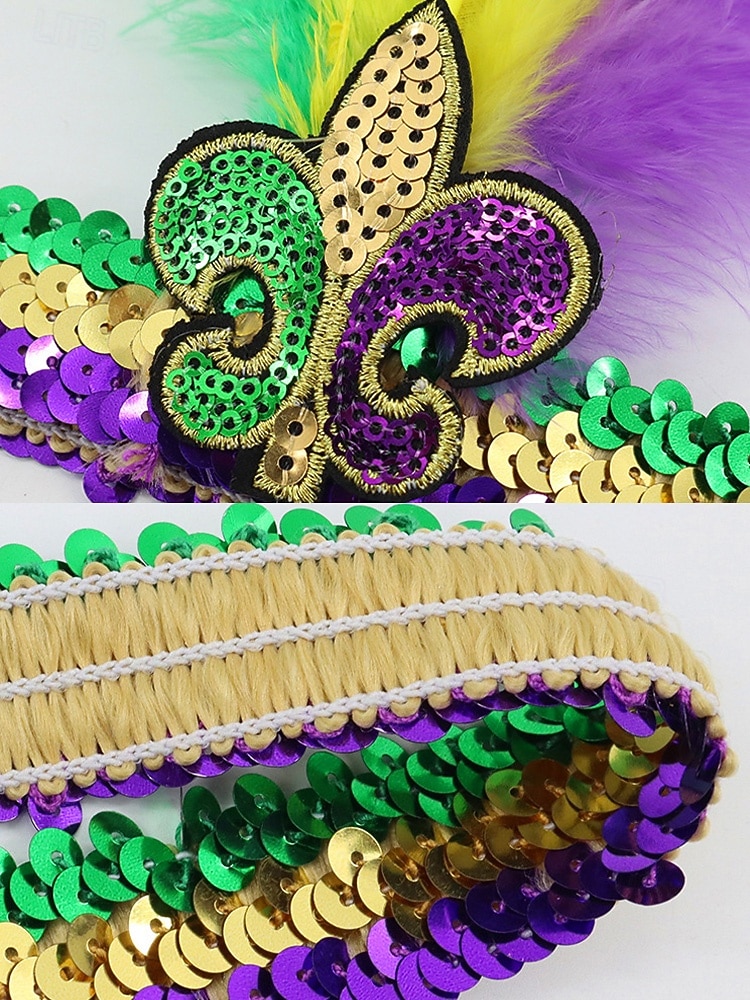 Dámská souprava masky a čelenky na karneval Mardi Gras z polyesteru s flitry – živé barvy s peřím ideální pro karneval a maškarní večírky 2026 - $9.99 –P7