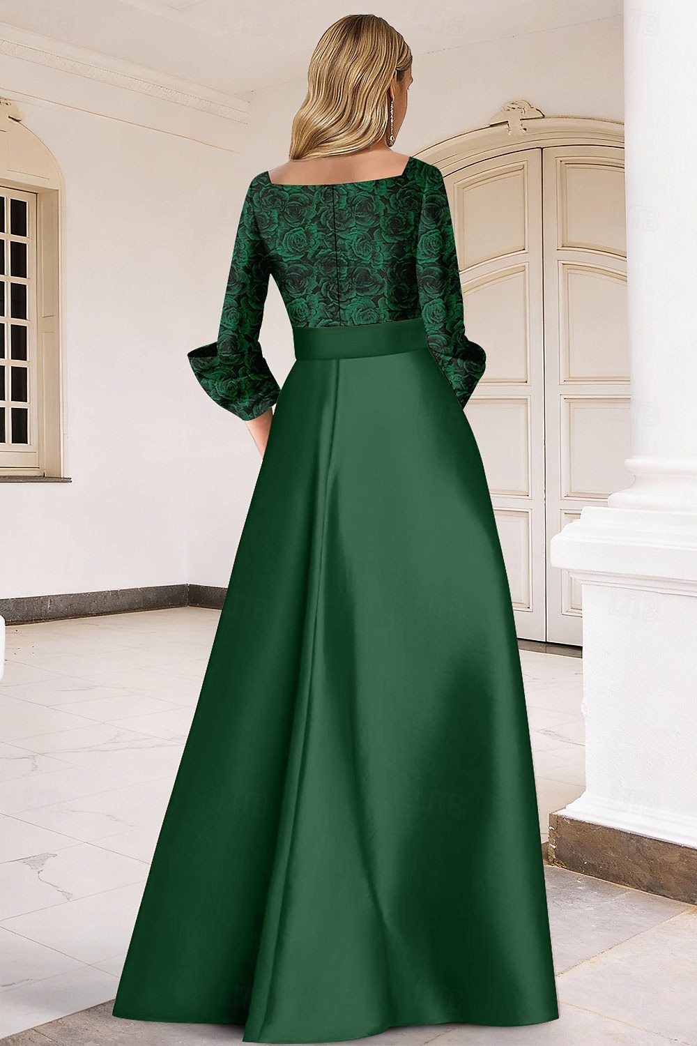 A-linja Kokopitkä Iltapuku Tyylikäs Kukka-aihe Morsiamen äiti 3/4 hiha V kaula-aukko Puutarhajuhlat Häät Satiini Pitsi kanssa Laskokset 2026 - $175.99 –P2