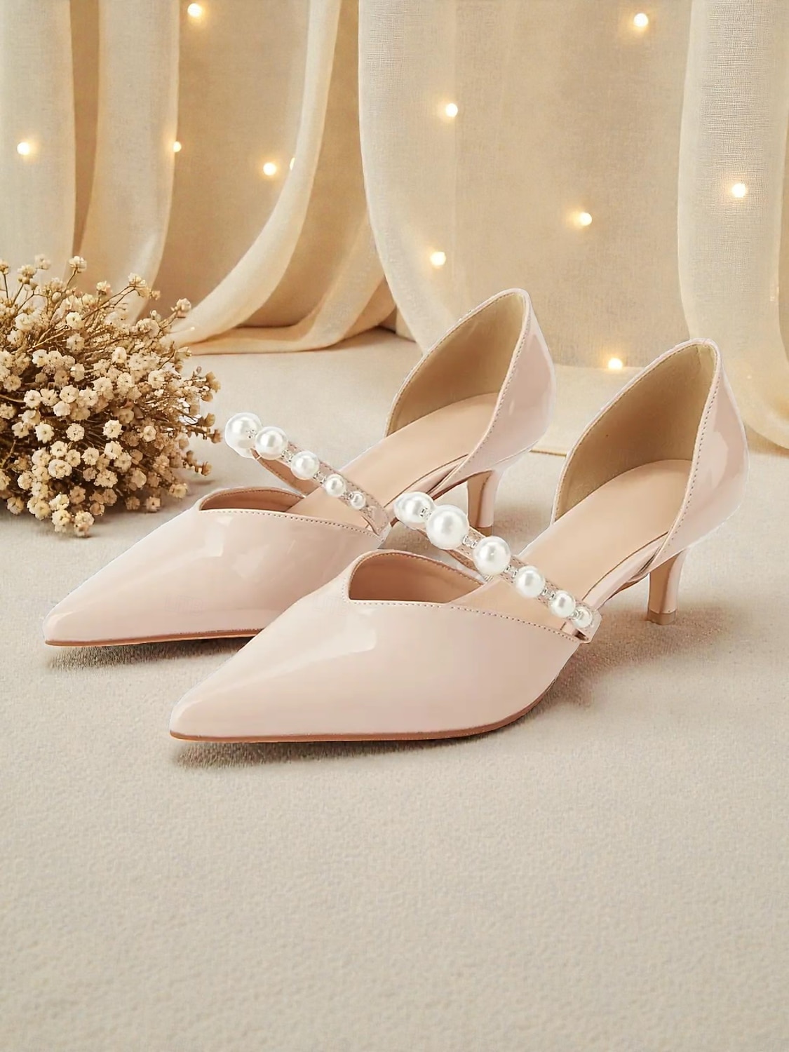 Zapatos de tacón bajo con tiras de perlas para mujer: elegantes zapatos de vestir de charol con punta puntiaguda para la madre de la novia, boda urbana chic. &ceremonia formal 2026 - $54.99 –P3