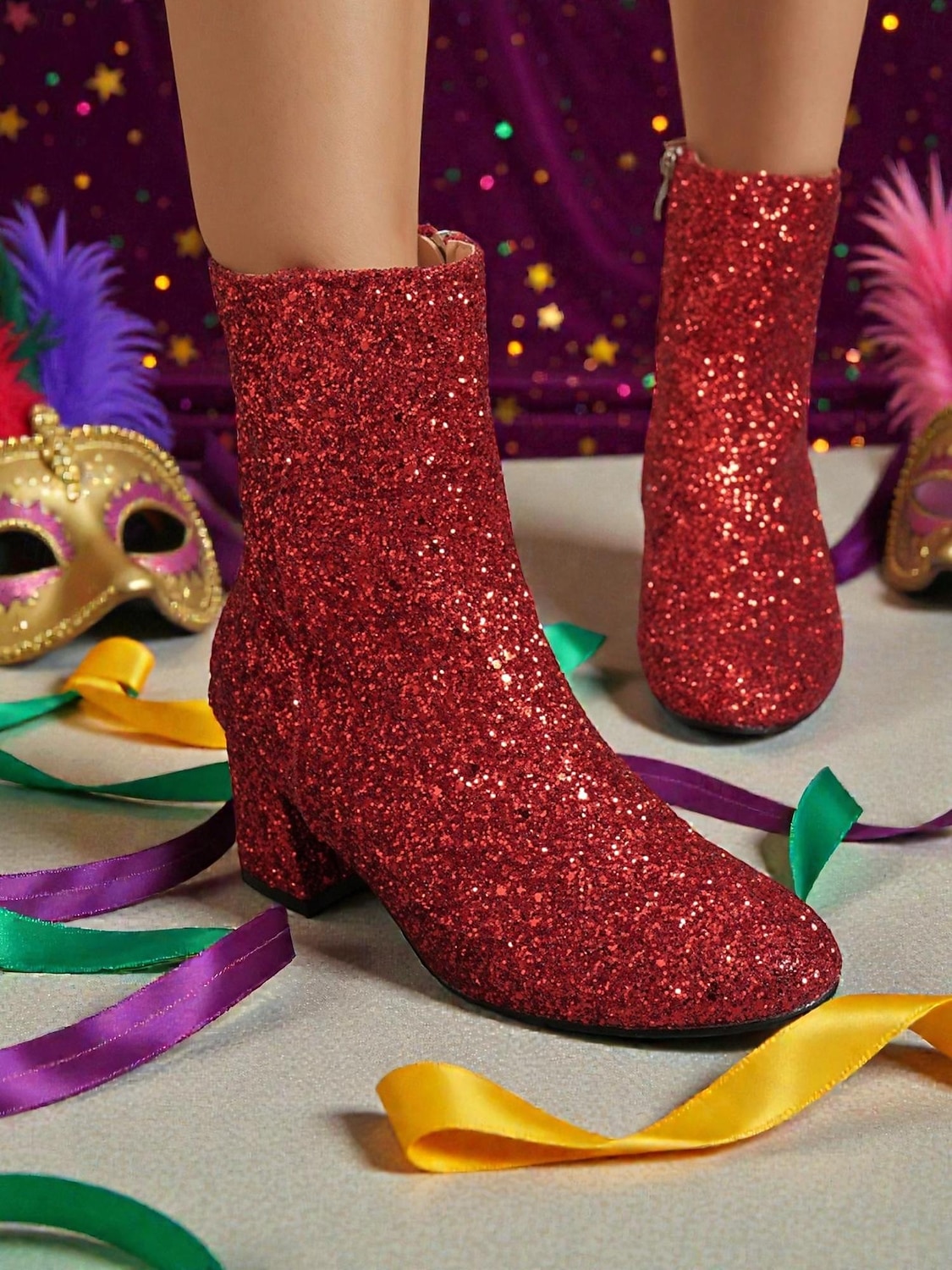 2026年 ウィメンズ マルディグラ ピンク グリッター 膝丈ブーツ ブロックヒール付き - きらめく、大胆なファッションステートメント、カーニバル、フェスティバル、コスチュームパーティーに最適  コレクション – $54.99 –P9
