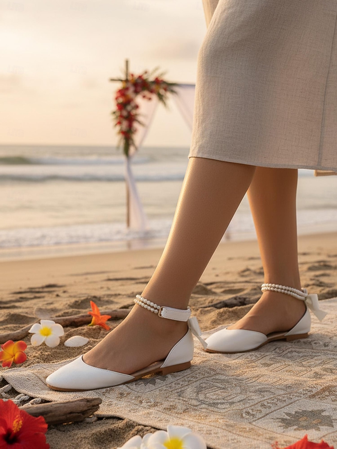 Elfenbenspärlfärgade bröllopsskor med fotledsrem för kvinnor – strandskor för brudtärnor, bekväma sandaler med spetsiga tår för ceremoni vid havet 2026 - $34.99 –P2
